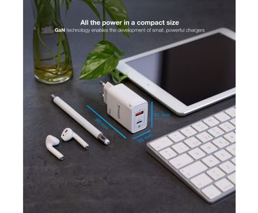 CARGADOR PARED/VIAJE GaN USB-C/PD + USB-A/QC 45W BLANCO TOOQ